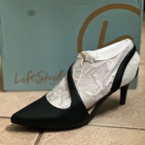 Life Stride Black Pointed-Toe Slingback Pump with Low Heel